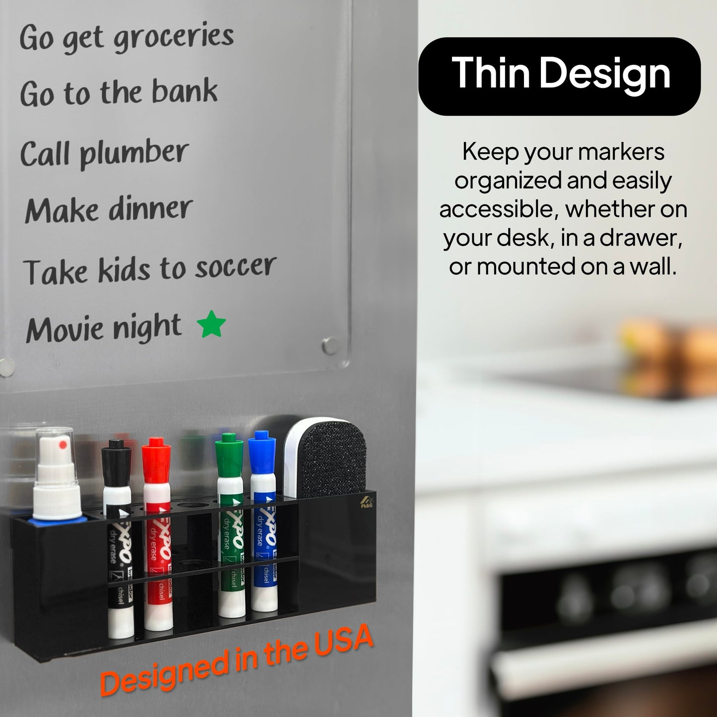 Slim Magnetic Dry Erase Marker Holder for Whiteboard, Space Saving Pen Organizer with Glass and Wall Mount Accessories for Fridge, Office, and School. Markers, Eraser, Cleaner Not Included (Black)