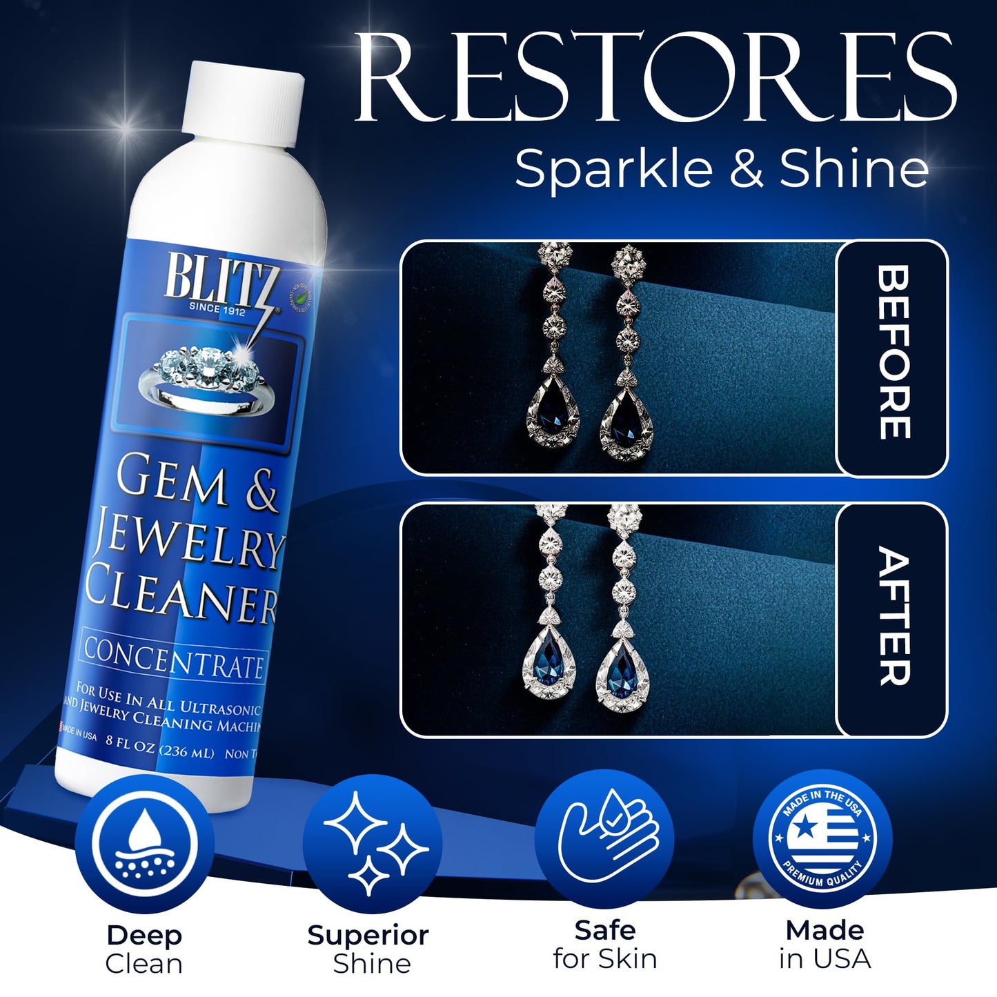 Blitz Gem & Jewelry Cleaner Liquid Concentrate for Gold, Silver, & Platinum Jewelry Cleans Non-Porous, Precious & Semi-Precious Stones. Non-Toxic, Non-Abrasive, & Planet Friendly Made in USA 8oz