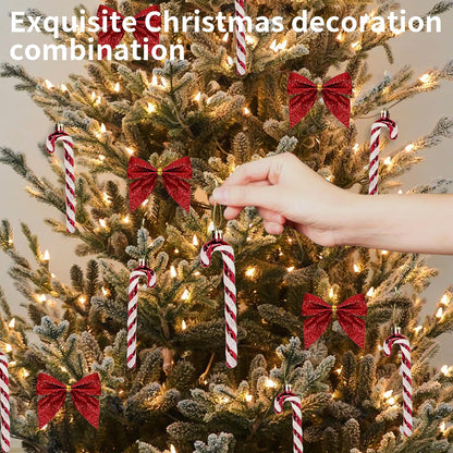 12 Pcs Candy Cane Christmas Decorations, 5.5inch Glitter Candy Cane Bows for Xmas Tree Hanging Ornament Holiday Festival Party Home Decoration (Red)