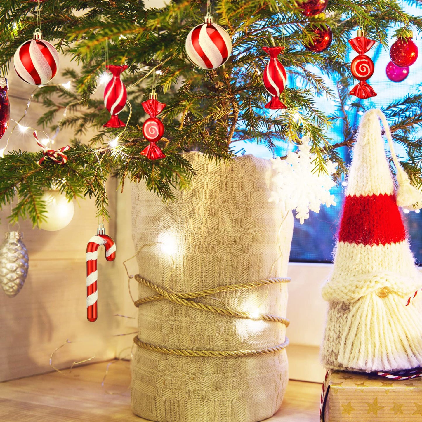 Aoriher 24 Pcs Christmas Candy Cane Ornament Red and White Plastic Peppermint Candy Cane Christmas Decorations Xmas Hanging Lollipop Pattern Decorations with Rope for Xmas Party Holiday Festival Decor