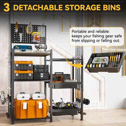 SOYEEZE Fishing Rod Holders for Garage, 3 Storage Boxes for Reels & Fishing Accessories, 10 Rod Capacity Fishing Pole Holder with Pegboard, and 3-Tier Shelf for Tackle Box, Fishing Gear Organizer