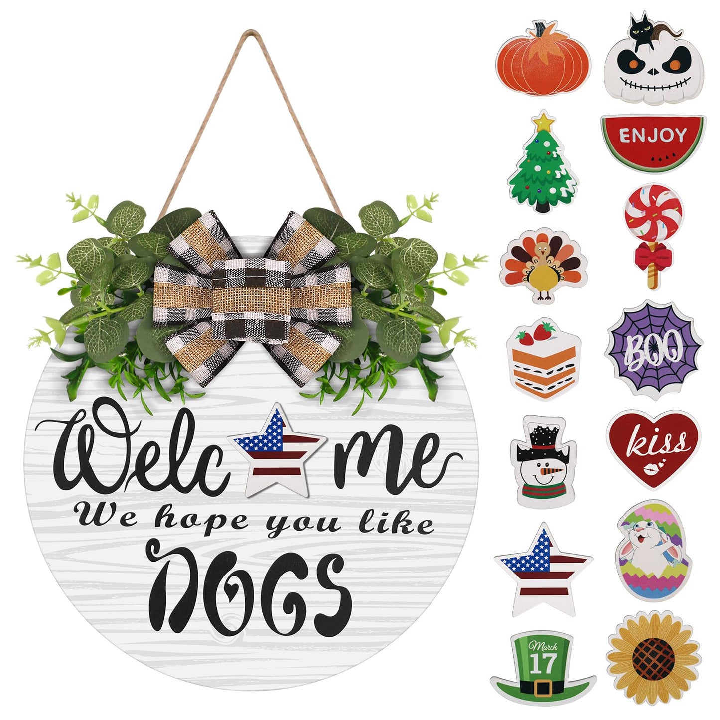 Interchangeable Wooden Seasonal Welcome Wreath, Rustic Round Dogs Front Door Wreaths for Home/Wall/Porch/Farmhouse Decor, for Easter Spring Summer Fall Halloween Christmas All Season Decorations
