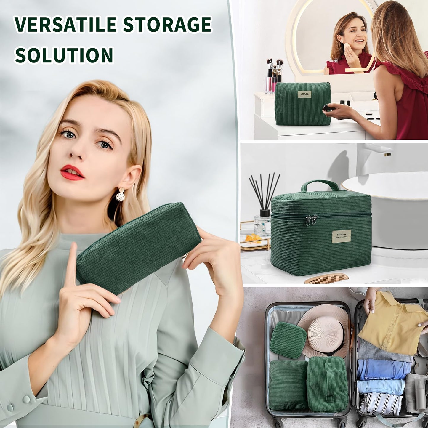 LVWNM 4 Pcs Makeup Bag for Women Corduroy Cosmetic Bag Aesthetic Cute Bags Multi Size Purse Pouch Travel Toiletry Bag Set Makeup Organizer with Zipper(Green)