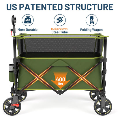 Timber Ridge Collapsible Folding Wagon 350L Extra Large with Brake, Heavy Duty Camping Utility Cart Outdoor, Extended Height Adjustable Handle, Cup Holders, Side Bag, Green