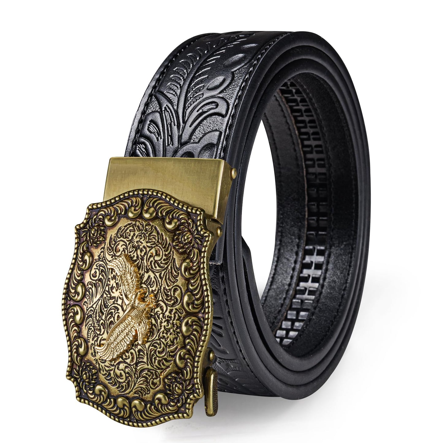Dubulle Mens Western Belt Ratchet Belts Copper Eagle Automatic Buckle Black Genuine Leather Strap for Jeans Dress