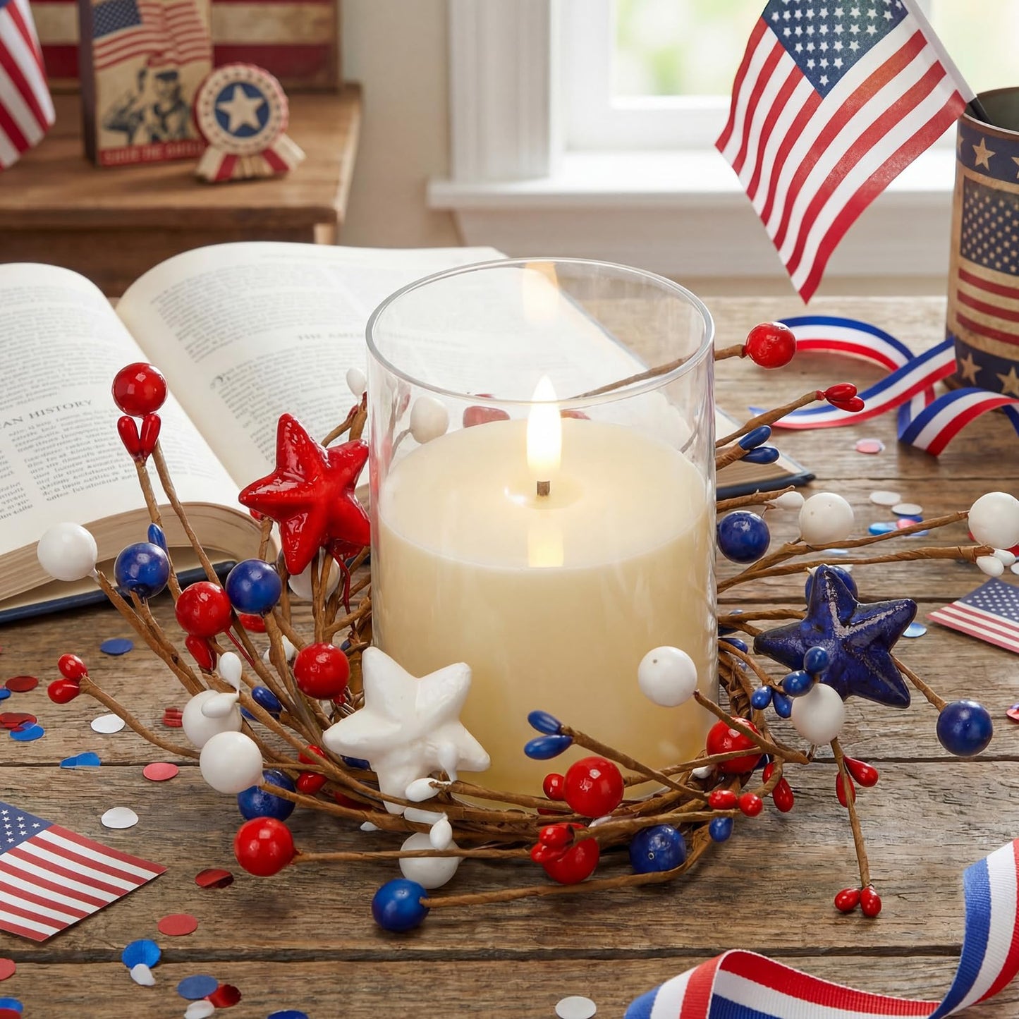 Yunlly 4 Pcs Independence Day Candle Wreaths Rings Five-Pointed Star and Berry Candle Holder Rings with LED Flameless Candles, 9.5" Wide for Wedding Windows 4th of July Table Centerpieces