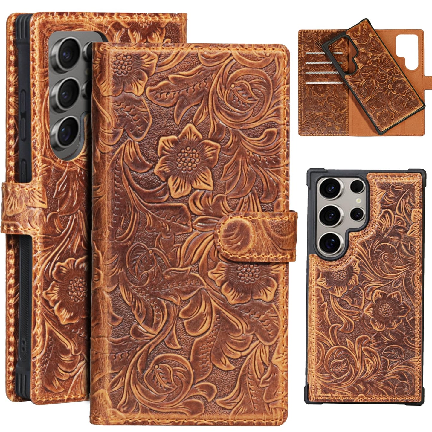 RMAWRAD Leather Case Wallet Compatible with Samsung Galaxy S24 Ultra,Genuine Leather2-in-1Magnetic Detachable Shockproof,Flip Folio Cover with Card Slot, RFID Blocking Dark Brown