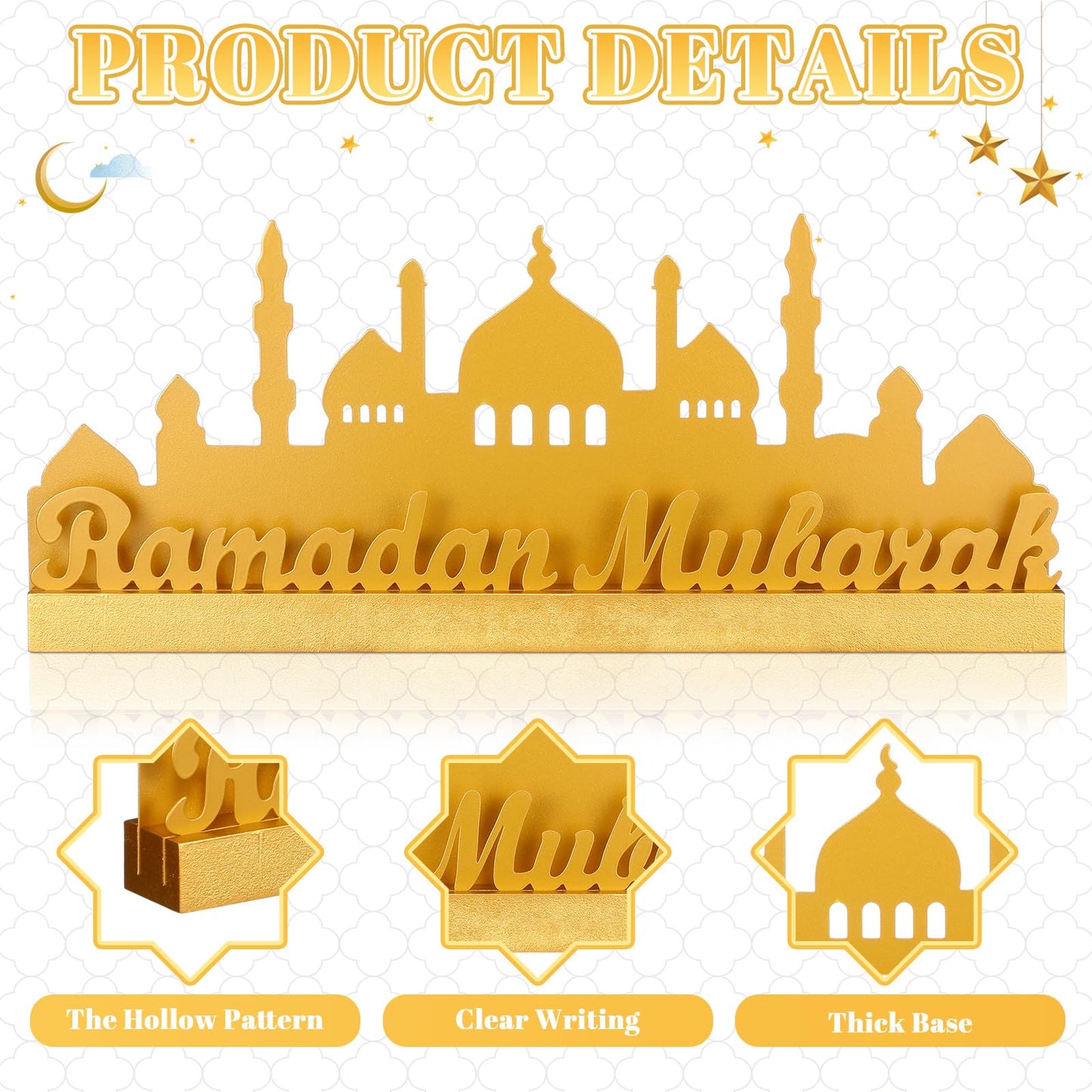 13.78 Inch Metal Ramadan Table Sign Ramadan Mubarak Letter Sign Eid Decorations for Home Muslim Golden Palace Islamic Table Centerpiece for Islamic Home Office Kitchen Party Decor Gifts