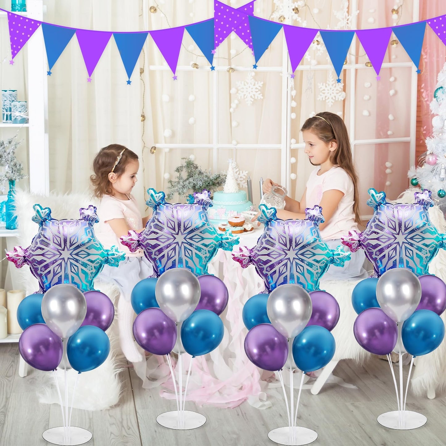 4 Sets Snow Party Balloons Stand Kit with Snowflake Foil Balloons Purple Blue Silver Party Balloon Centerpiece for Tables for Girl Princess Winter Wonderland Themed Birthday Baby Shower Decorations