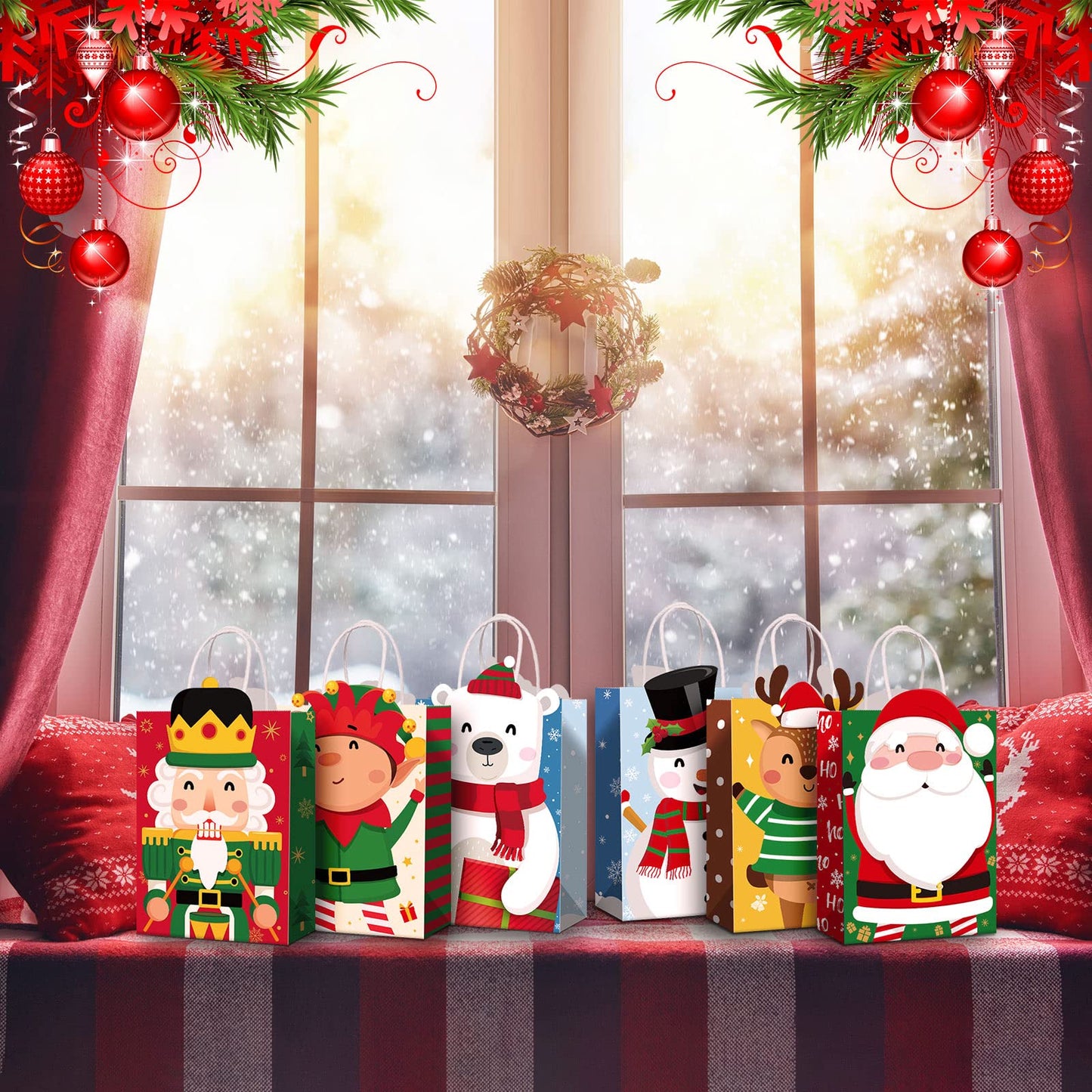 Funrous 36 Pack 36 Pack Christmas Gift Bags 6 Designs Christmas Kraft Paper Bags Xmas Treat Goodie Favors with Handles for Winter Holiday Snacks Gift Party Supplies, 8.6 x 6.3 x 3.2 Inch
