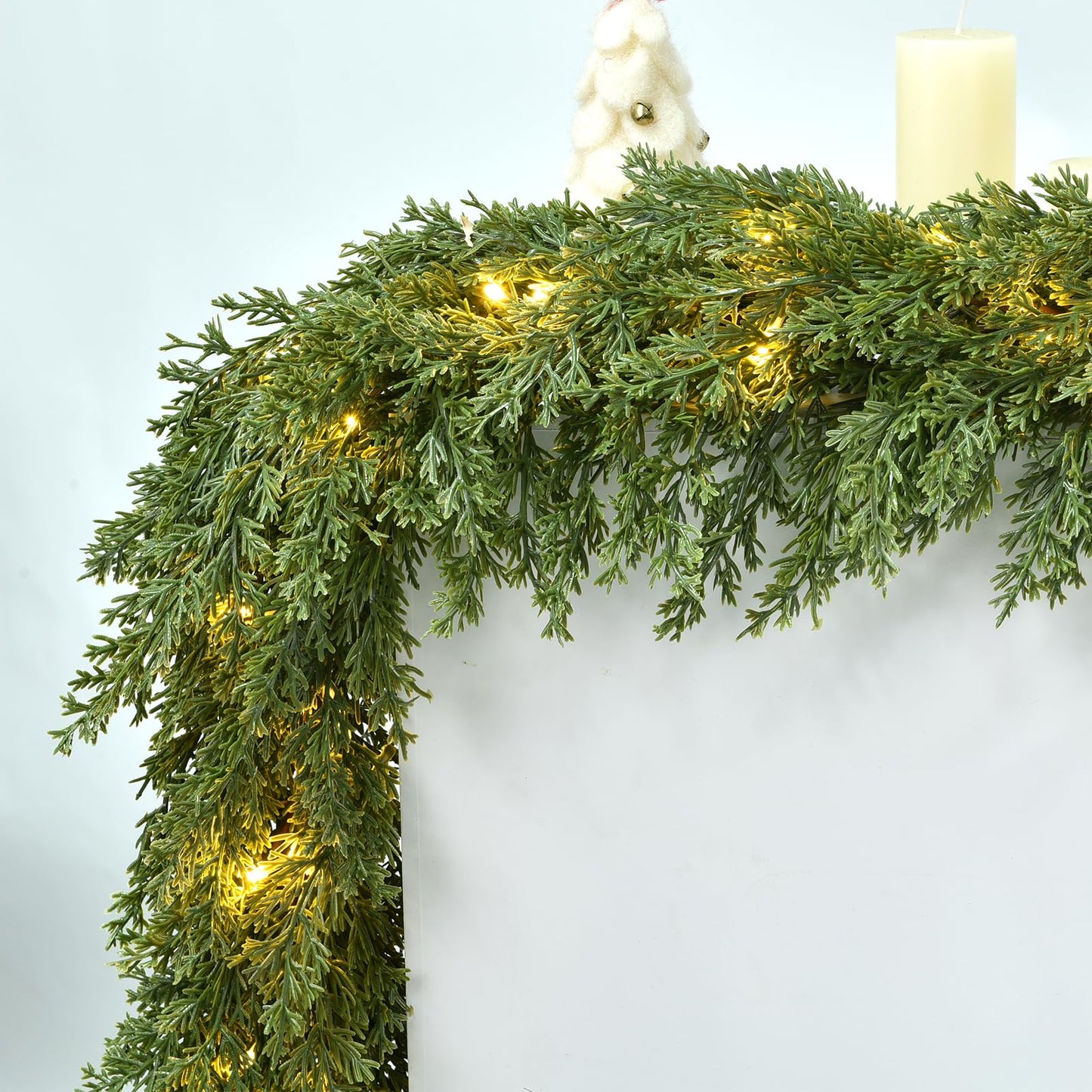 Lvydec Lighted Christmas Pine Garland Decoration, 6ft Realistic Cedar Cypress Garlands Christmas Greenery Garland with Lights for Holiday Mantel Fireplace Table Centerpiece (6ft)