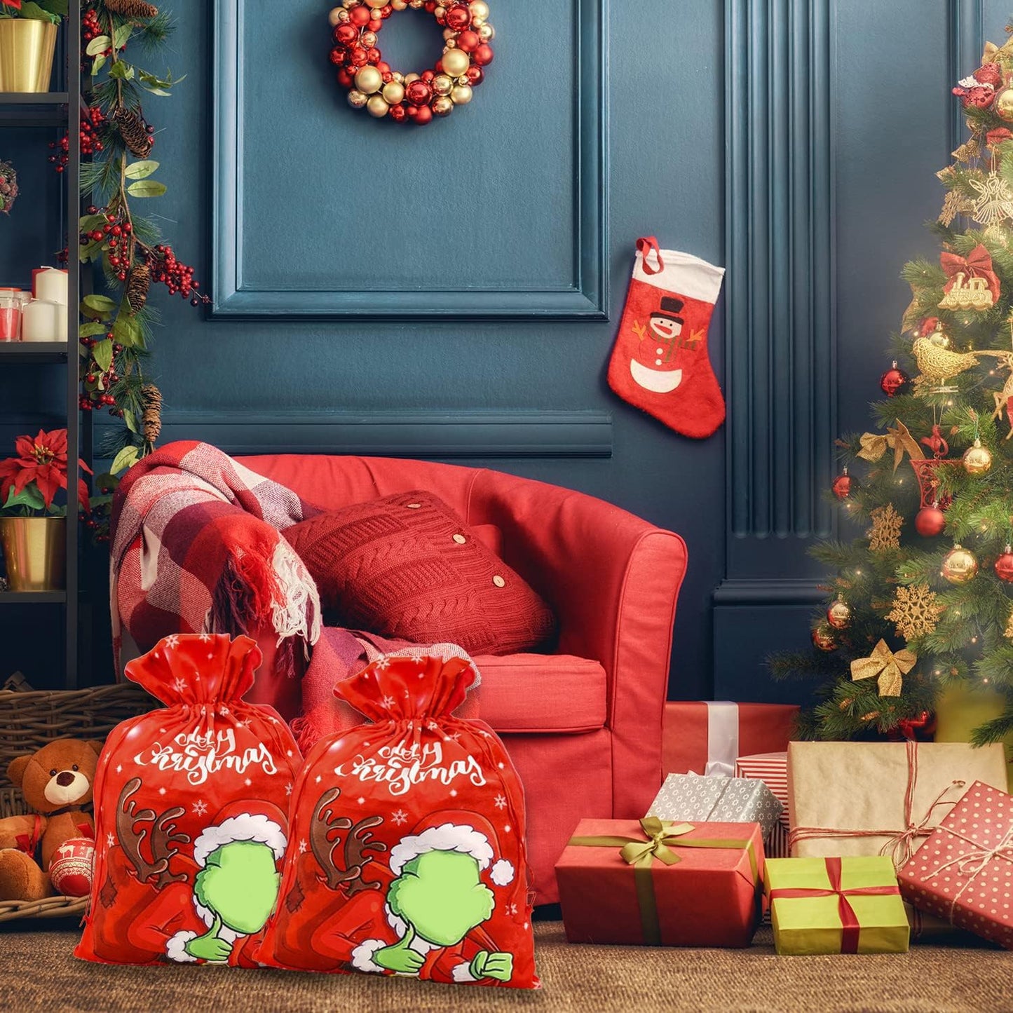 Adurself 2 Pack Christmas Santa Sack Large Canvas Gift Bag 21.6 x 14.6 Inch Reusable Christmas Santa Drawstring Gift Bag for Xmas Package Storage Holiday Party Supplies Favors