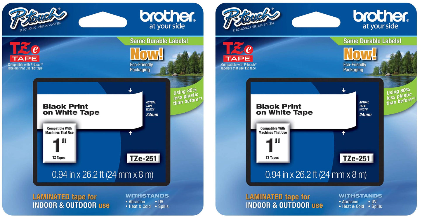 Brother Genuine P-Touch 2-Pack TZe-251 Laminated Tape, Black Print on White Standard Adhesive Laminated Tape for P-Touch Label Makers, Each Roll is 0.94"/24mm (1") Wide, 26.2 ft. (8M) Long