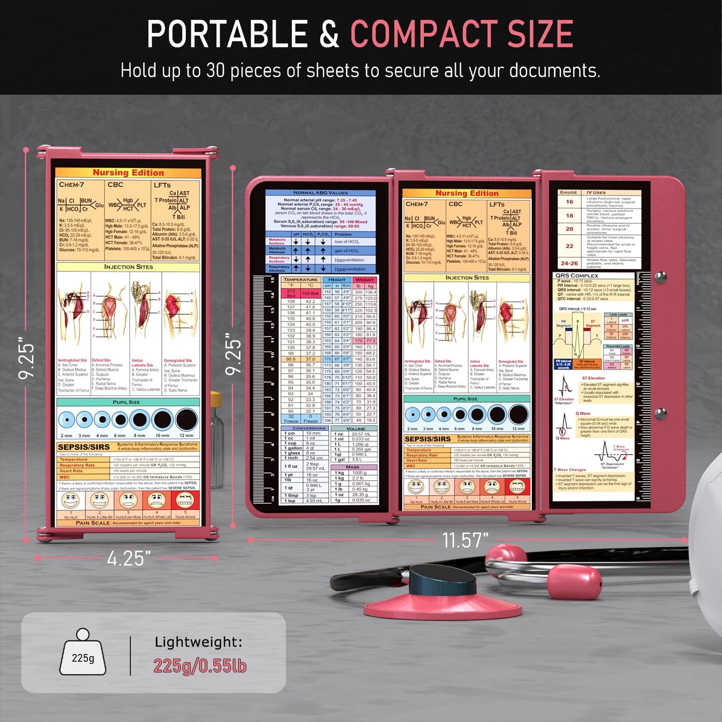 Nursing Clipboard Foldable, Foldable Clipboard w/Nursing Edition Cheat Charts,3 Layers Aluminum, Nurse Clip Board w/Low Profile Clip&Pen Clip Pocket for Students, Nurses and Doctors, Rose
