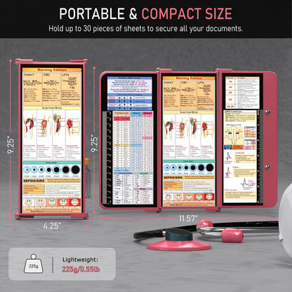 Nursing Clipboard Foldable, Foldable Clipboard w/Nursing Edition Cheat Charts,3 Layers Aluminum, Nurse Clip Board w/Low Profile Clip&Pen Clip Pocket for Students, Nurses and Doctors, Rose