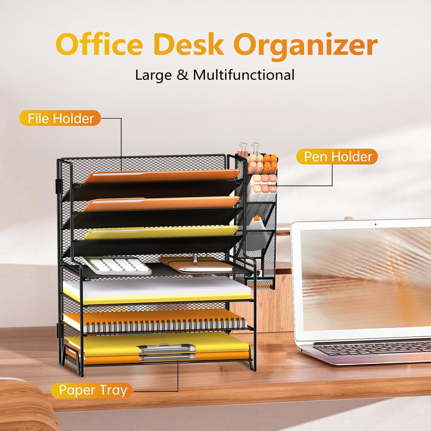 SUPEASY 7 Tier Desk Organizer, Desk File Organizer with Pen Holder, Paper Organizer for Desk, Desk Organizers and Accessories for Home Office School, Black