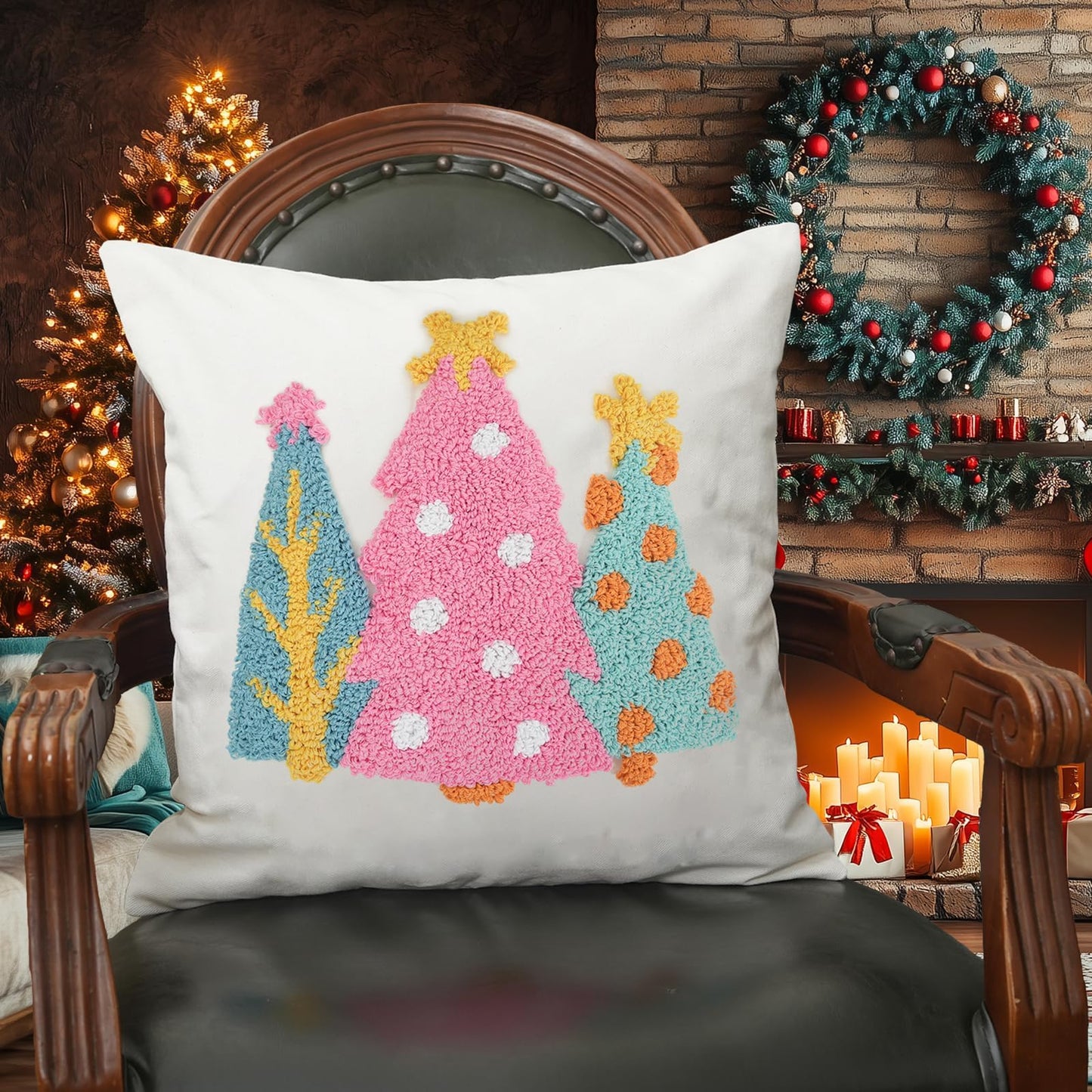 GEEORY Christmas Pillow Covers 18x18 Inch, Canvas Embroidered Xmas Tree Throw Pillows, Farmhouse Home Decoration Cushion Case for Sofa & Bed (Pink