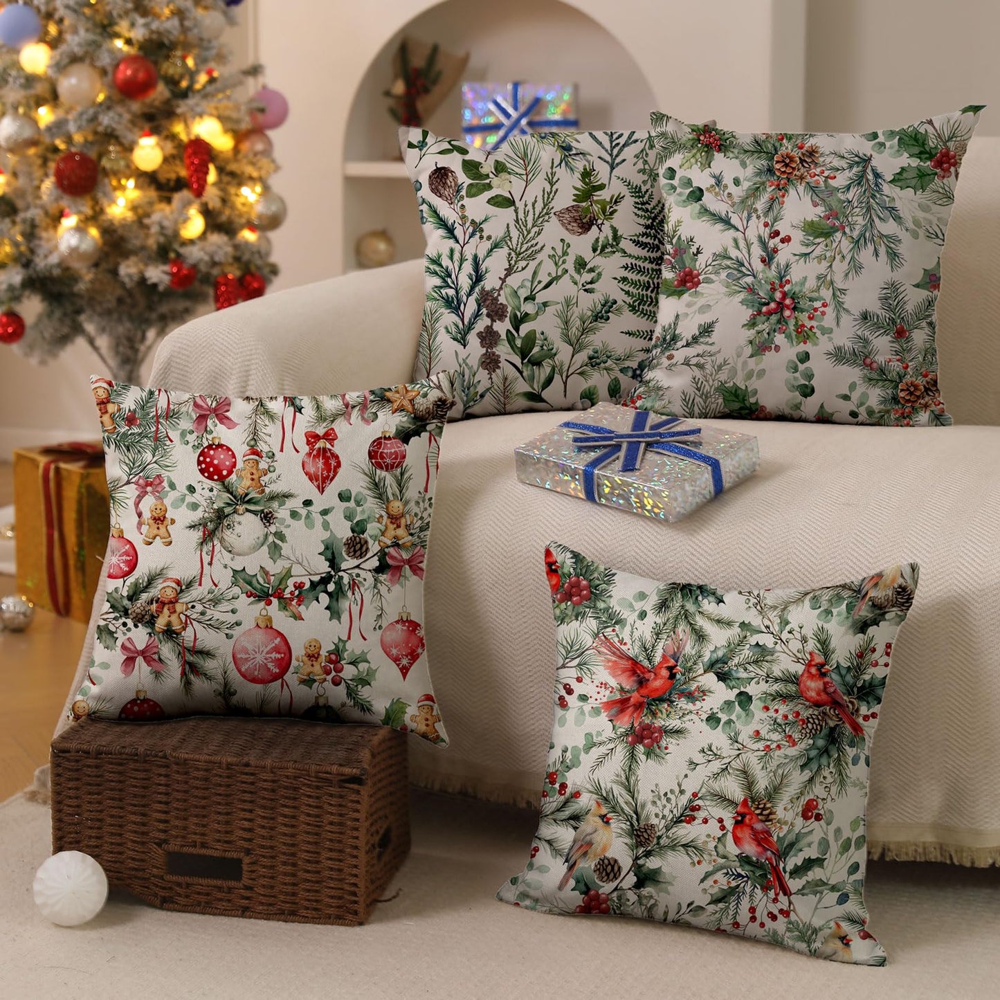 DFXSZ Christmas Pillow Covers 18x18 Inch Set of 2 Pine Branches with Pine Cones Xmas Balls Decorative White Throw Pillows Winter Christmas Decor for Home Couch ST025A18