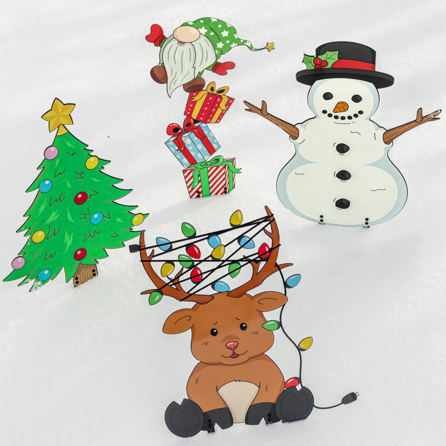 Christmas Metal Yard Signs- Set of 4 Different Adorable Designs- Large 16" Durable Outdoor Xmas Lawn Decorations w Metal Stakes for Easy Set Up- Make an Impact to Your Holiday Light and Garden Display