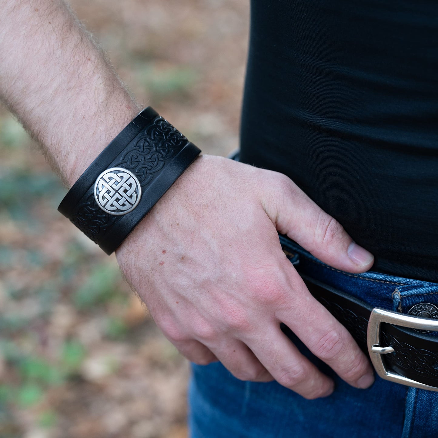 Biddy Murphy Genuine Leather Cuff Wrist Bracelet, Embossed Traditional Irish Celtic Jewelry, Soft Vegetable-Tanned Hide, Handmade, Imported, Black