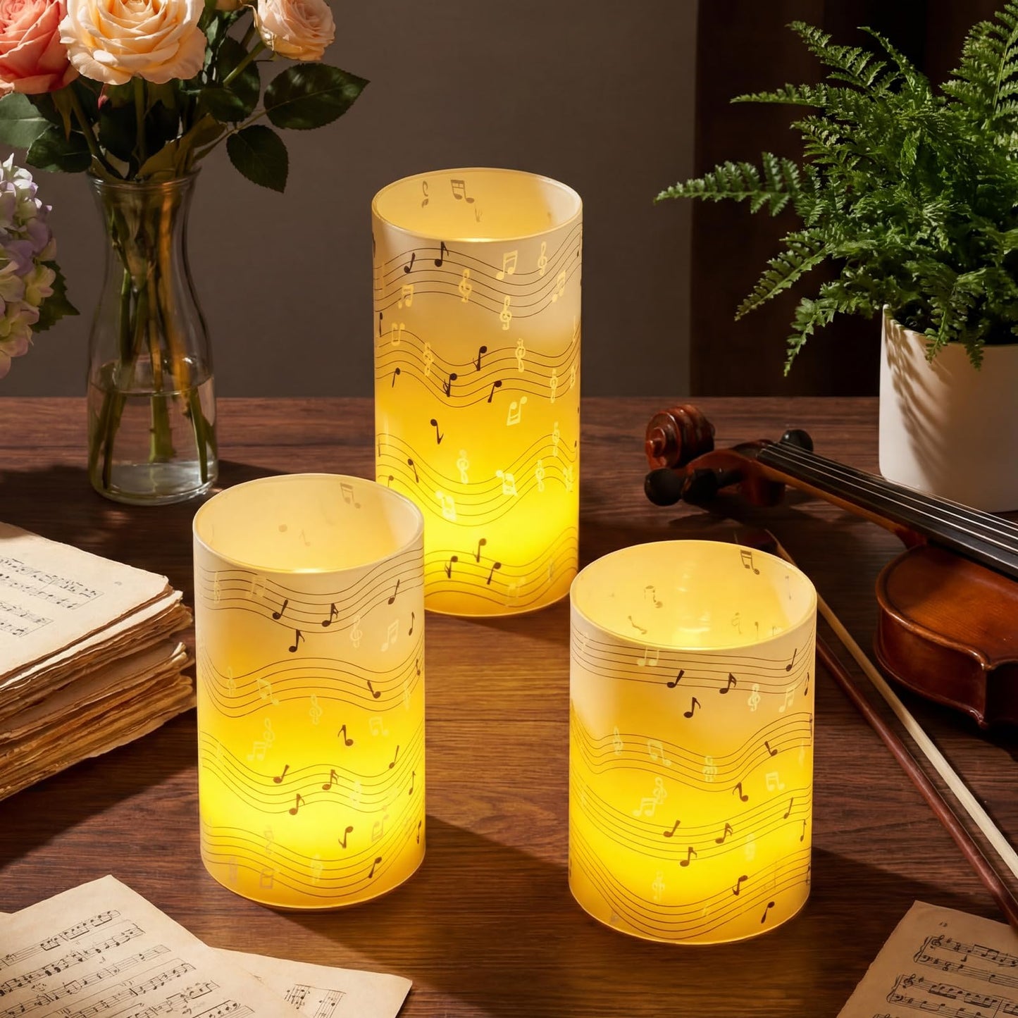 Baquler 3 Set Music Notes Flameless Candles Music Party Decorations Musical Lampshade with LED Tea Lights Black and Wihte Musical Centerpieces for Wedding Tabletop Fireplace Home Decor