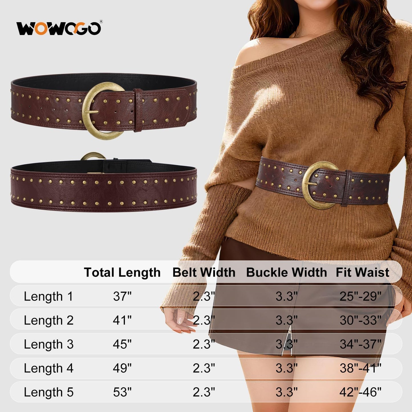 WOWOGO Dark Brown Wide Chunky Leather Belts for Women 2.3" Western Vintage Boho Studded Thick Waist Belt for Dresses