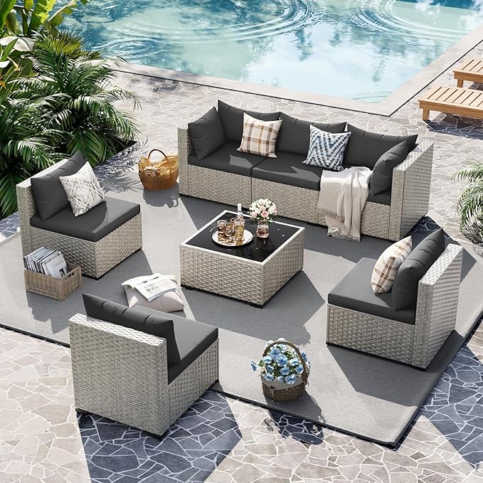 UDPATIO Outdoor Patio Furniture Set, 7-Piece Modular Sectional Sofa with Tea Table, PE Wicker Outdoor Conversation Set for Patio, Garden, Backyard Black