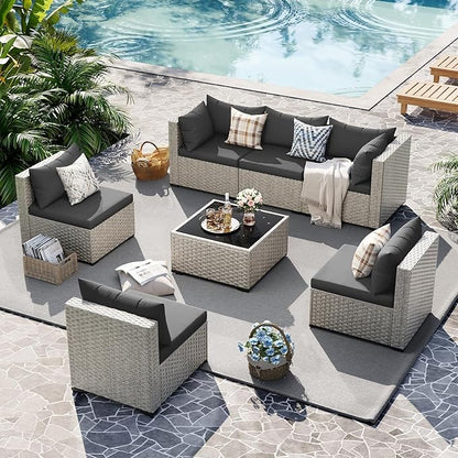 UDPATIO Outdoor Patio Furniture Set, 7-Piece Modular Sectional Sofa with Tea Table, PE Wicker Outdoor Conversation Set for Patio, Garden, Backyard Black