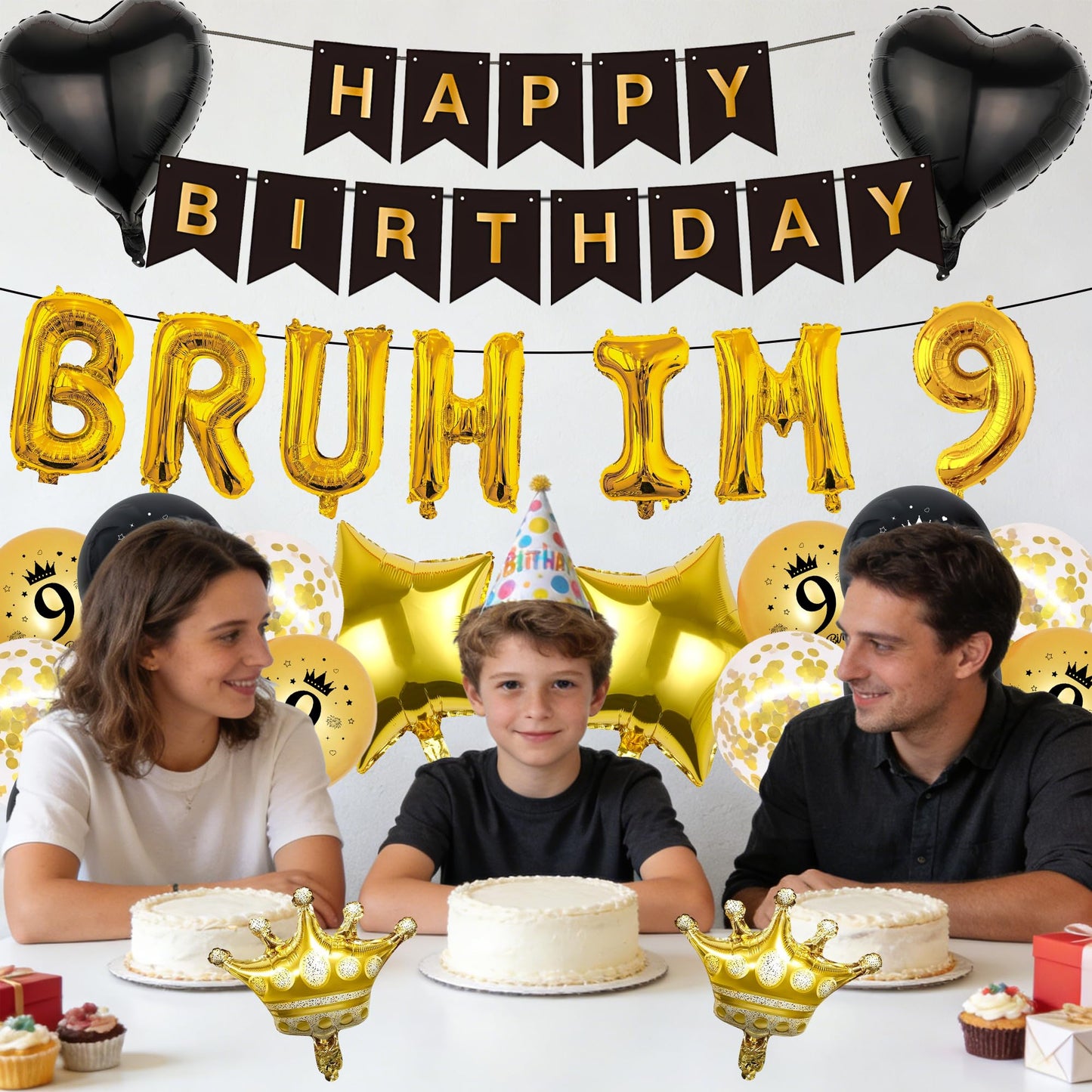 9th Birthday Decorations Balloons Boys - 33 Pcs Black Gold Happy Bday Banner Bruh Im 9 Letter Number Star Crown Foil Balloon Cake Topper Centerpieces Party Supplies for Nine Year Old Backdrop Decor