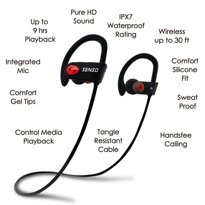 SENSO Bluetooth Headphones, Best Wireless Sports Earbuds w/Mic IPX7 Waterproof HD Stereo Sweatproof Earphones for Gym Running Workout Noise Cancelling Earphones Earbuds Noise Cancelling Headsets