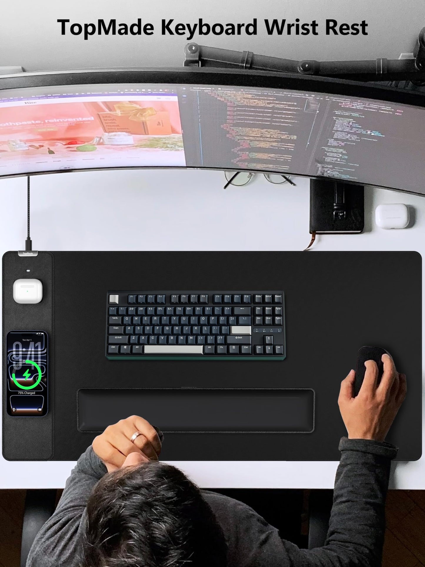 TopMade Keyboard Wrist Rest, Cooling Gel & Upgrade Soft Memory Foam Design Wrist Support for Keyboard, Full-Size Keyboard Hand Rest Pad, Ergonomic Palm Rest for for Long Hours of Work, Gaming, Black