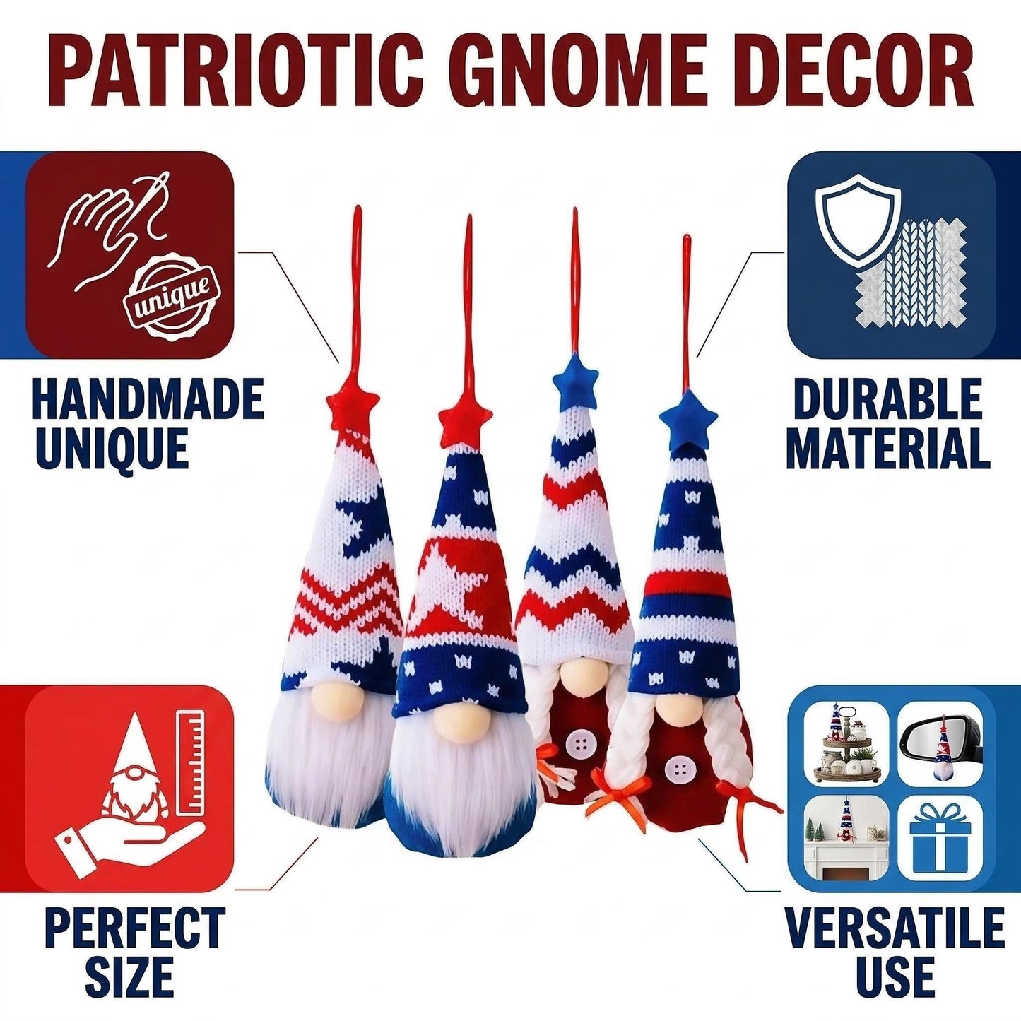 4th of July Decorations-Independence Day Hanging Gnomes USA 250th Anniversary Patriotic Gnomes Ornaments,4Pcs Memorial Patriotic Tree Decor Red White Blue Hanging Ornaments for Independence Day