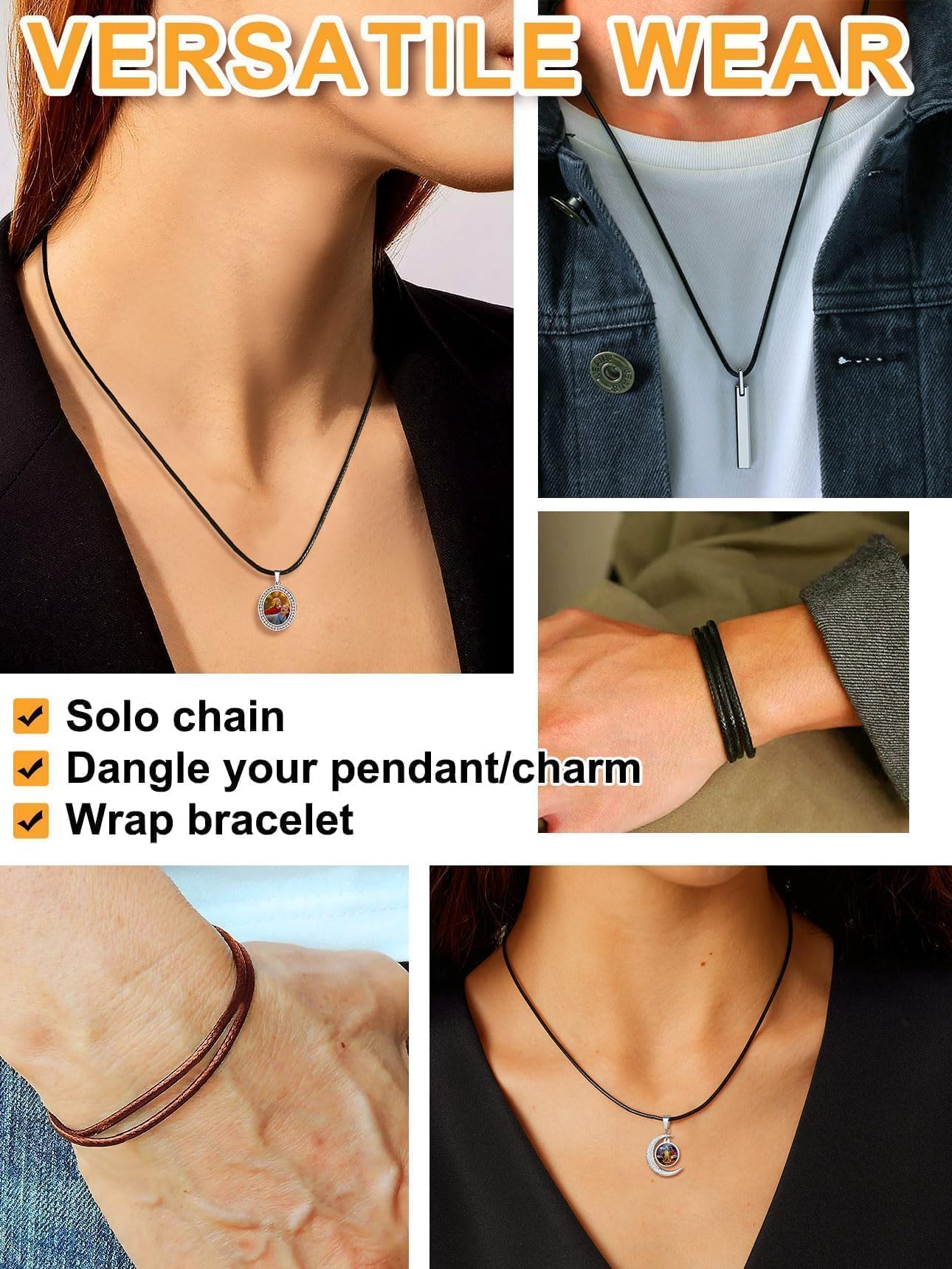 Bestyle 2MM Black Leather Necklace for Men Women,Waterproof Wax Woven Rope Chain with Stainless Steel Clasp, Leather Cord Necklace for Pendants 16"