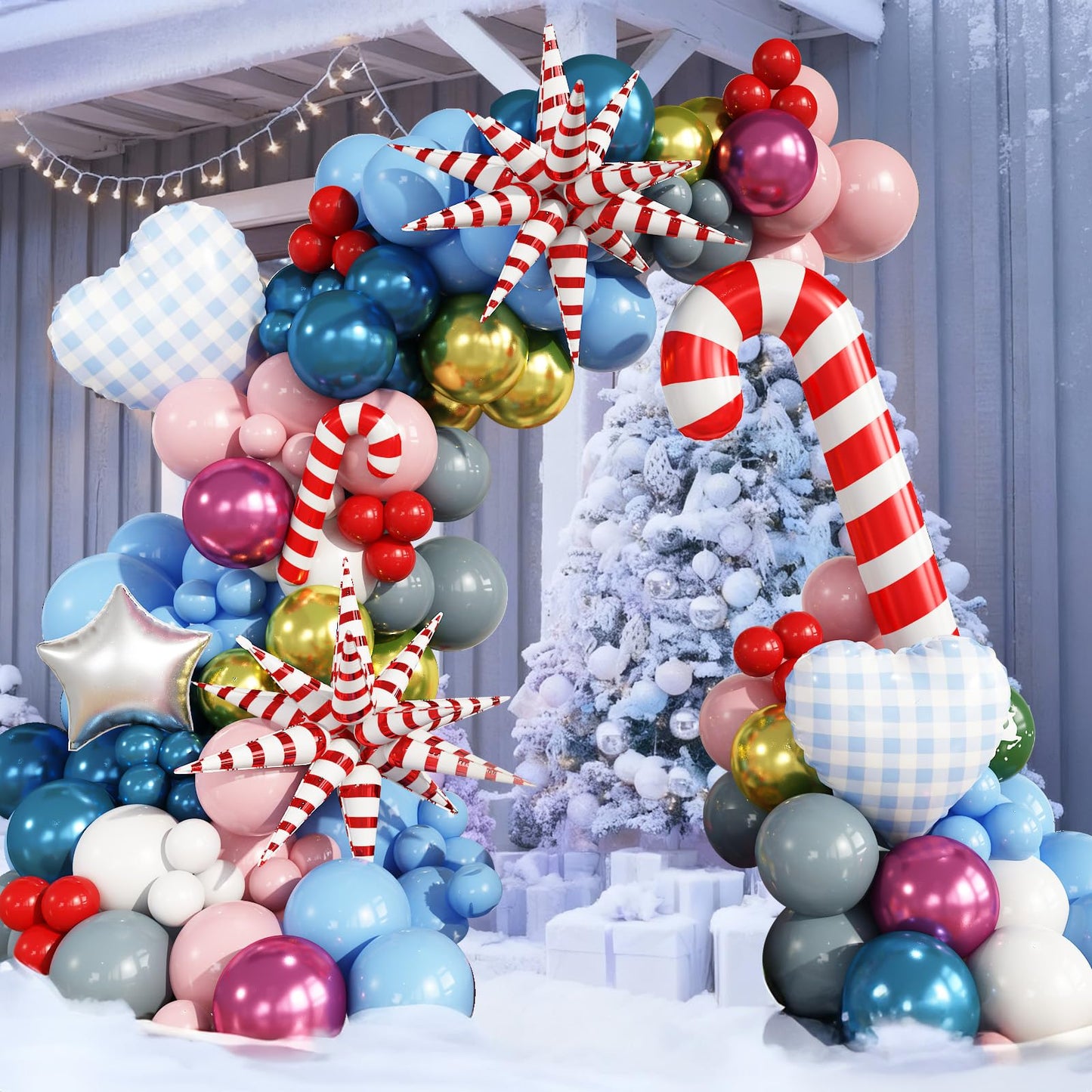 Christmas Balloon Arch, 133Pcs Red Pastel Baby Pink Blue Xmas Winter Wonderland Balloons with Metallic Gold Blue Pink Candy Cane Exploding Star Foil Balloon for Merry Christmas Party Decoration