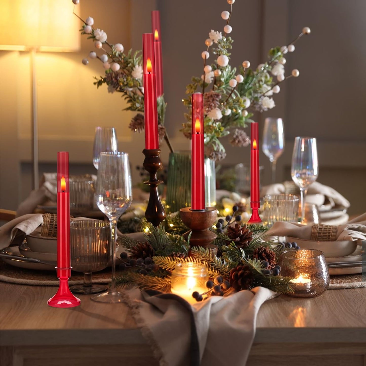 SEHNSY Red Flameless Taper Candles with Remote and Timer,Valentine Flameless Candles with Holders, 6 Pack LED Battery Operated Candlesticks 9.25"x0.75" for Valentine’s Day, Christmas