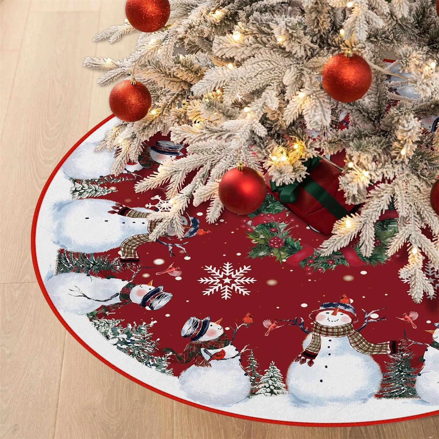 EKOREST Snowman Christmas Tree Skirt 48 Inches, Red Backgrond Snowflake Pencil Tree Skirt, Winter Xmas Tree Mat Decorations for Home Party Holiday Decorations