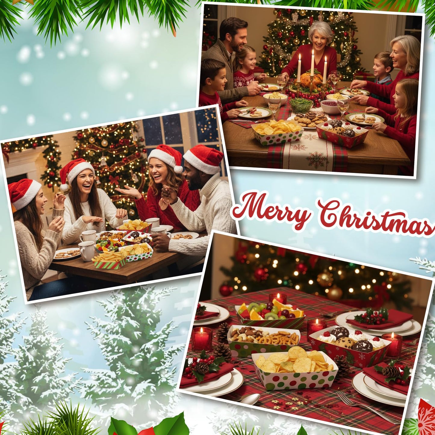 Dunzoom 48 Pcs Christmas Paper Food Trays Plates Disposable Christmas Movie Snack Trays Santa Elf Snowman Red Green Plates Nacho Hot Dog Serving Boat for Xmas Party Supplies Decoration (Style 2)