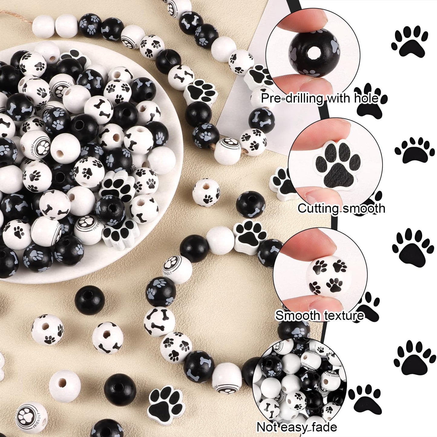 225Pcs Dog Paw Beads Wooden Puppy Paw Footprint Beads, Cute Black and White Spacer Bead for Pet Charm DIY Pendant Jewelry Making Home Decor Party