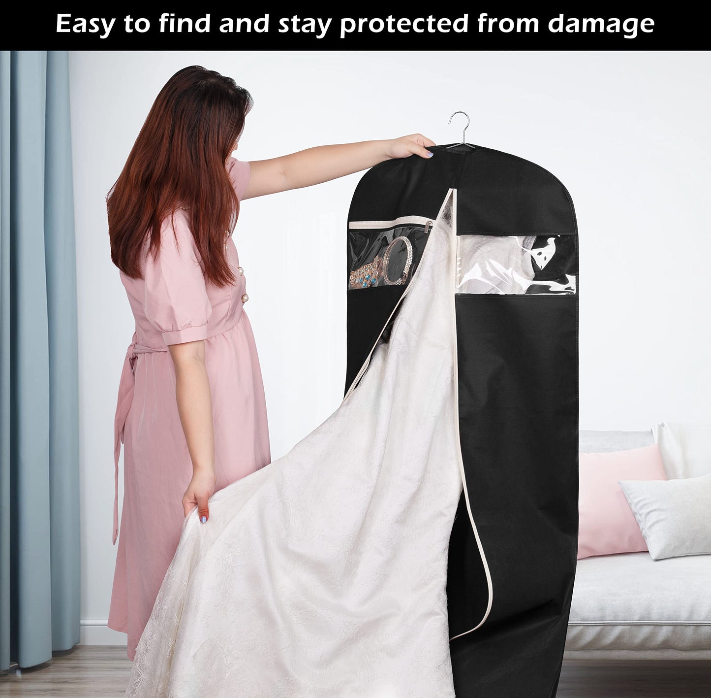 MISSLO 70" Bridal Wedding Gown Dress Garment Bag with Accessories Pouch Large Travel Garment Cover 8" Gusset (Black)