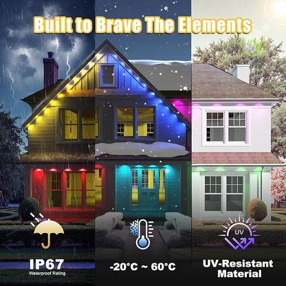 Permanent Outdoor Lights, 200ft RGB+IC Smart LED Eaves Lights, IP67 Waterproof Outdoor Decor with App/Remote Control for Halloween, Christmas, Holiday, Daily, Party