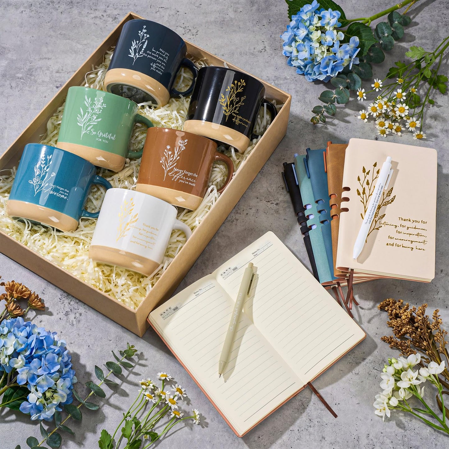 Didaey 6 Sets Employee Appreciation Gifts Set 13oz Boho Floral Ceramics Coffee Mugs with A6 Leather Notebooks Ballpoint Pens Bulk Office Thank You Gift for Coworkers Staff Team Nurse