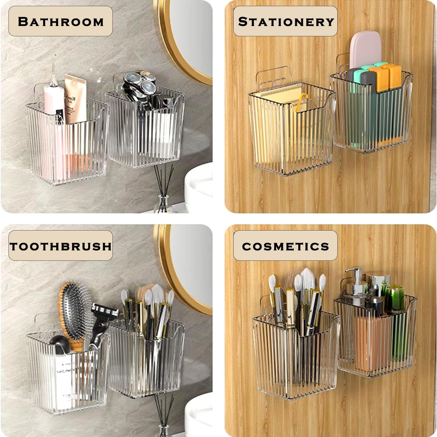 MZYIWUU 4 Pack Acrylic Wall Mount Organizer, Adhesive Cabinet Door Storage Bins, Clear Makeup Containers, Stackable Organizer Basket for Kitchen, Bathroom, Cabinet, Pantry, Office