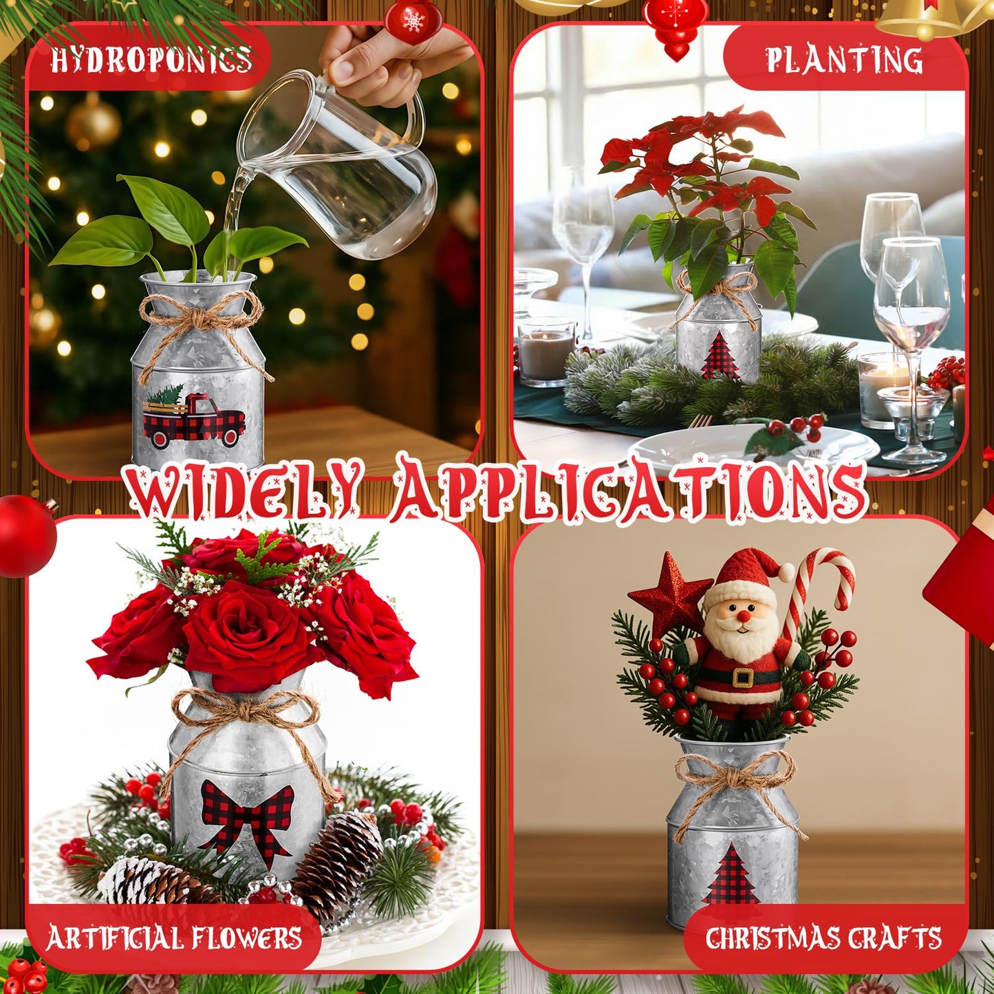 Domensi 6 Pcs Christmas Flower Vases for Table Centerpieces Bulk 5.12 Inch Rustic Metal Galvanized Flower Buckets with Bow Farmhouse Buffalo Plaid Xmas Milk Can Jug for Kitchen Dining Table Decor