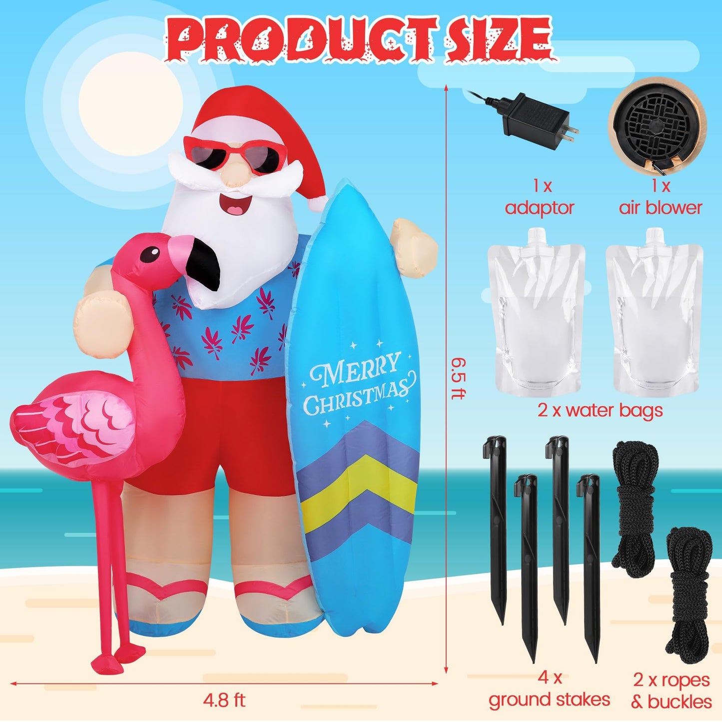 Vivantia Christmas in July Inflatable Summer Christmas Decorations 6.5 Ft Santa Claus Decoration Outdoor with Air Blower LED Lights Blow Up Garden Decor for Summer Christmas Beach Yard Party Supplies
