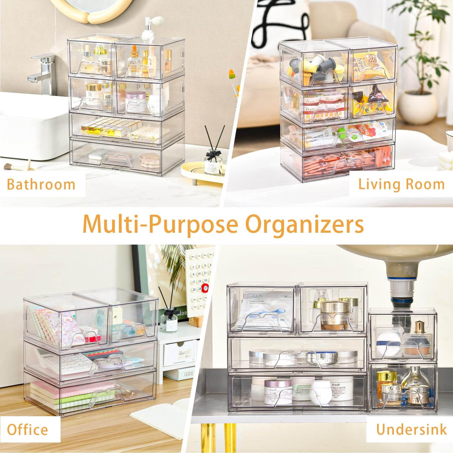Stebopum 4 Pack Stackable Storage Drawers Clear Acrylic Organizer Bathroom Makeup Organizer and Storage for Beauty Supplies,Ideal for Vanity, Bathroom,Cabinet,Pantry Organization