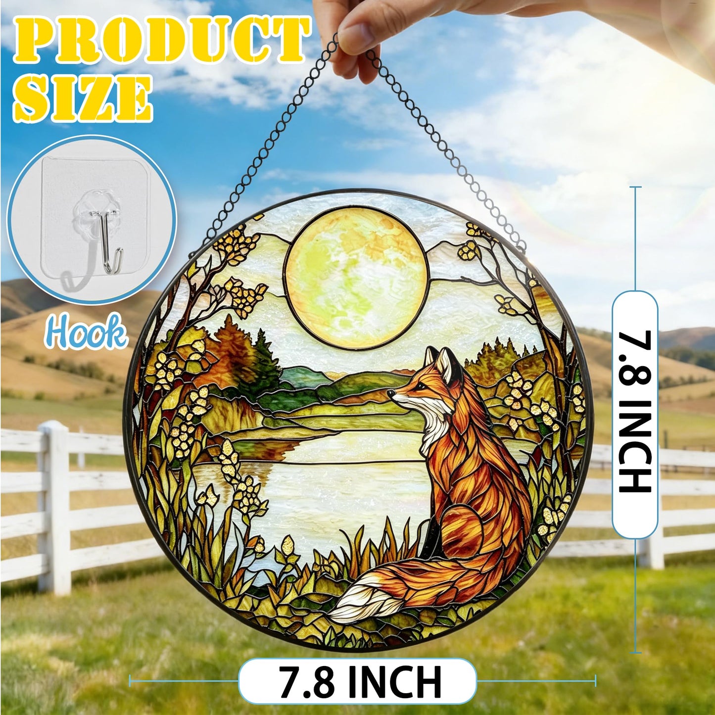 Stained Glass Window Hanging, 7.8 Inch Fox Stained Glass Suncatcher, Woodland Animal Window Decor, Sun Catchers Indoor Window Ornament, Fox Lover Gift, Gifts for Mother's Day, Father's Day & Birthday