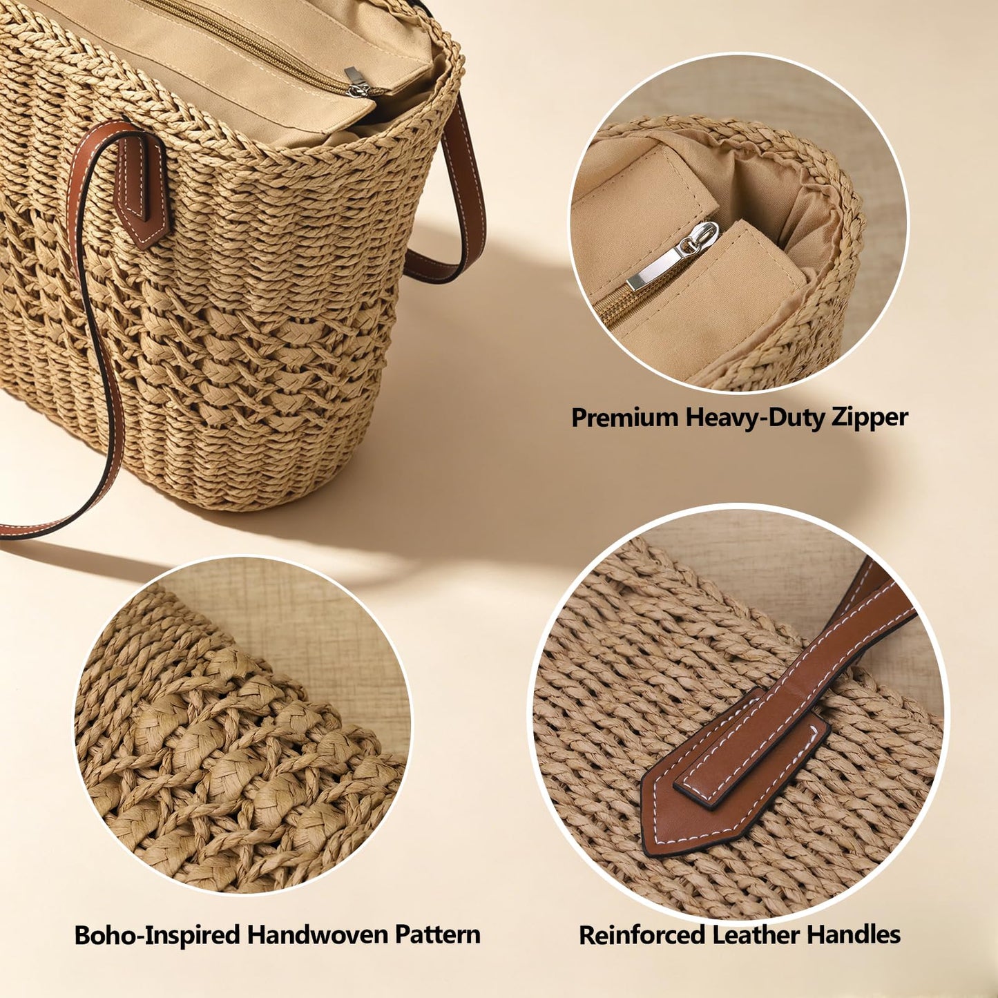 OKoriensuntek Straw Tote Bag Woven Beach Bag for Women, Large Capacity Summer Shoulder Bag with Leather Handles, Boho Handwoven Tote for Travel, Beach, Everyday Use，Brown