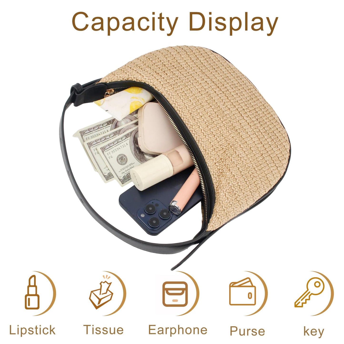jessie Straw Shoulder Bag for Women Small Hobo Handbag Woven Crossbody Bag with Adjustable Strap Cute Clutch Purse
