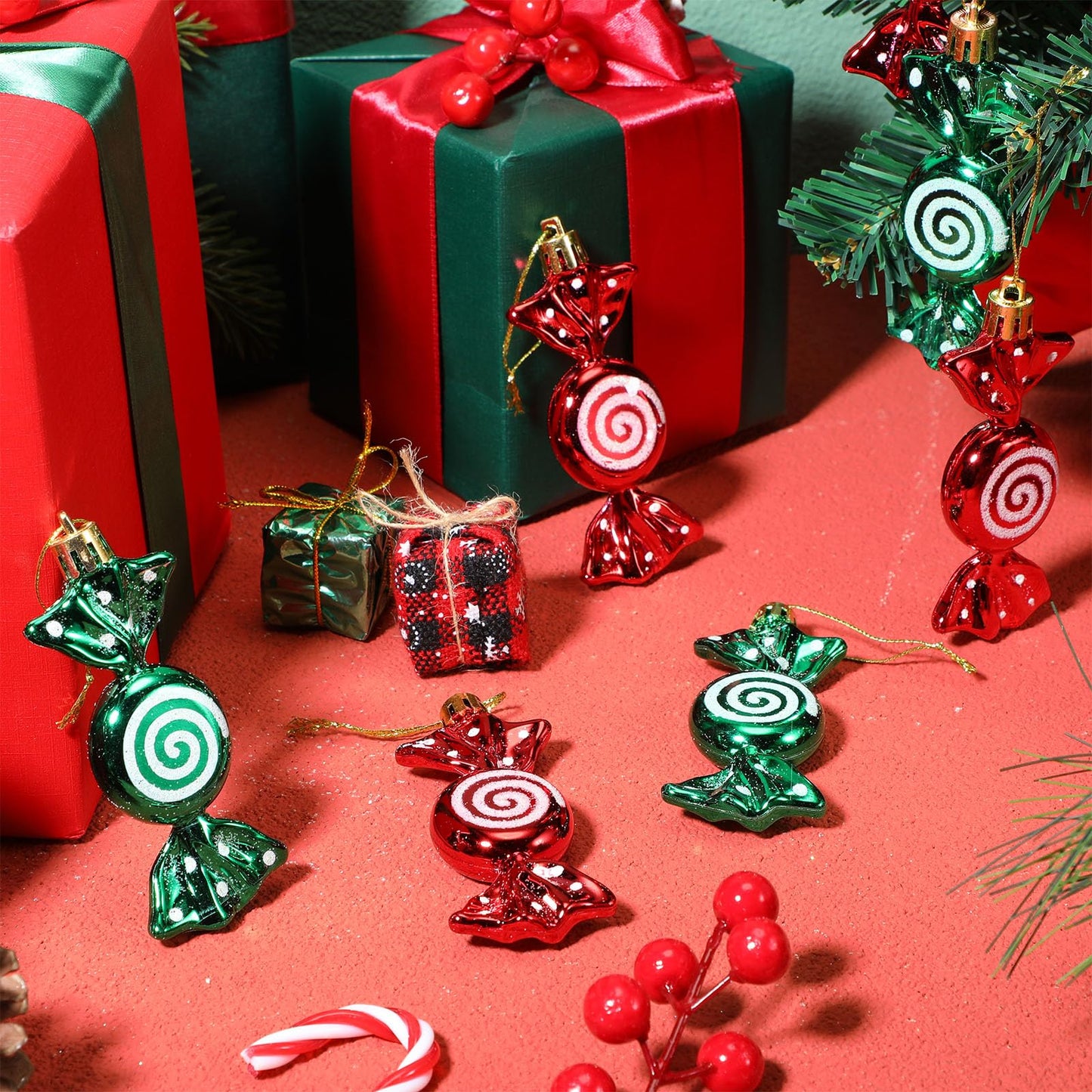 Threan 12 Pcs Christmas Candy Ornaments for Tree Decoration Hanging Glitter Candy Cane Christmas Peppermint Ornament with Golden Rope for Xmas Holiday Decoration(Red, Green,Plastic)