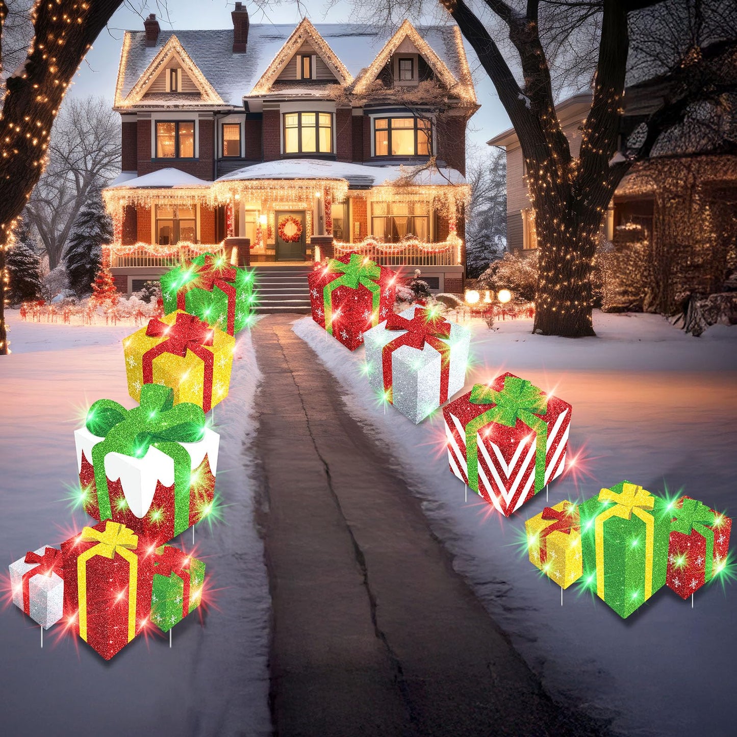 8 Pieces Christmas Yard Signs Glitter Gift Box Outdoor Lawn Decorations with 16 Stakes Funny Holiday Present Box Yard Decorations for Christmas Home Lawn Party Supplies